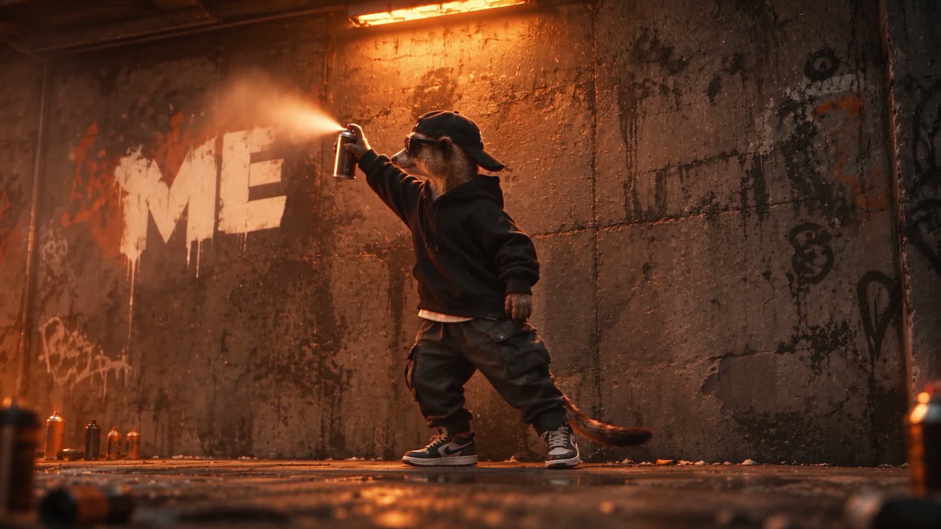 Orange-lit street-art scene from the Meerkat creative film